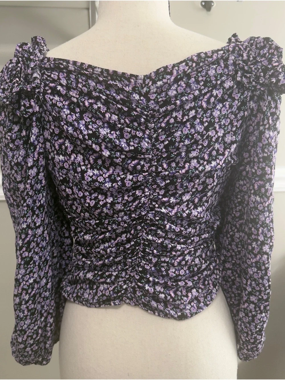 Zara Purple Floral Cottagecore Ruched Crop Top L 318